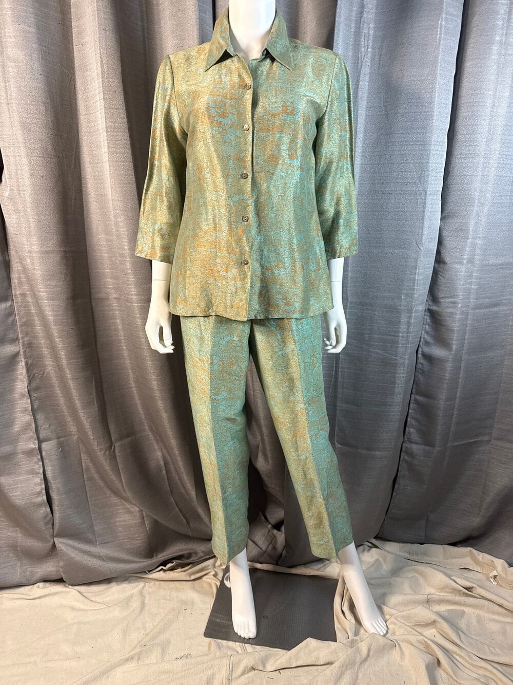 Vintage Teal/Gold Silk 2pc Pant Suit Sz 6